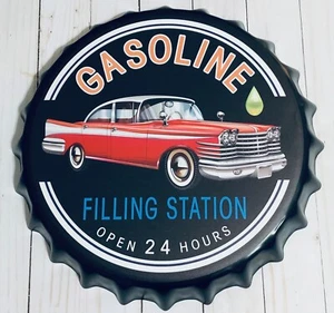 Gasoline Filling Station Open 24 Hours Bottlecap Sign 13 1/2inches New - Picture 1 of 3