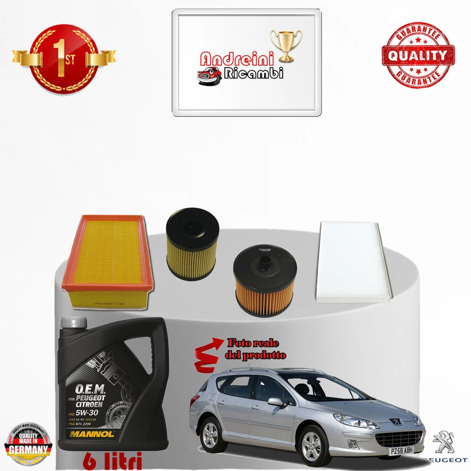 KIT TAGLIANDO FILTRI + OLIO PEUGEOT 407 2.0 HDi 135 FAP 100KW 136CV DAL 2004 ->