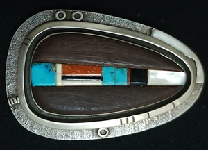 EARLY FIDEL BAHE NAVAJO STERLING SILVER MULTI STONE INLAY BELT BUCKLE 64 GRAMS!! - Picture 1 of 15