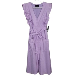 Lulu's Sz Large Sophie Lavender Button Up Midi Dress Ruffle Trim Sleeve NWT - Picture 1 of 9