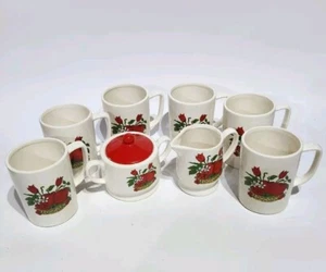 8 Piece Tea Set - Vintage Japan - Mug Cups, Creamer & Sugar, Apples/strawberries - Picture 1 of 22