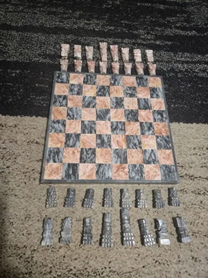 Винтажный ручной работы коралловый мрамор и черный/серый Onxy шахматная доска с 32 ручной резьбы - Изображение 1 из 4
