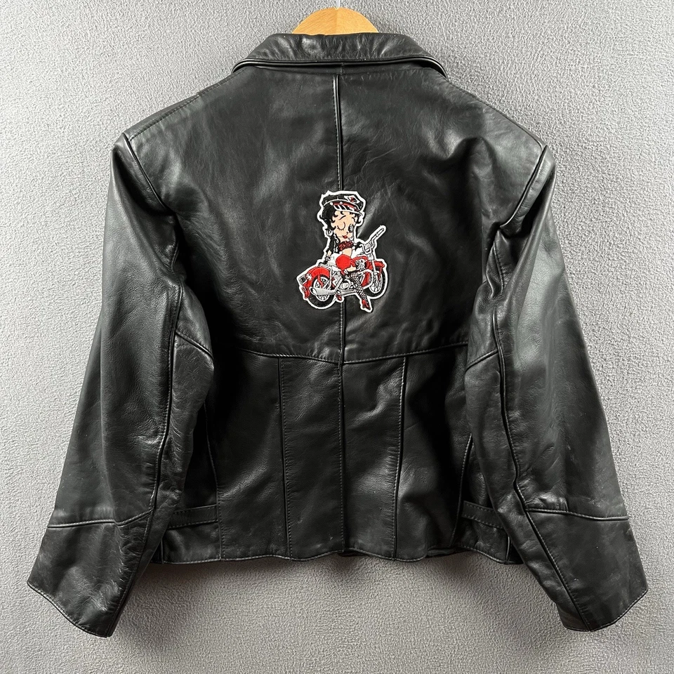 Chaqueta de motociclista Betty Boop vintage para mujer talla pequeña cuero negro años 90 Foto 1 de 4