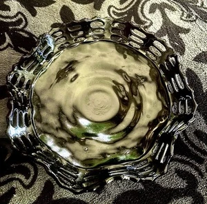 Antique Fenton 3 Footed 1930s Black Round Ruffled Basketweave Pierced Bowl #1093 - Picture 1 of 8