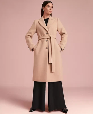 NOVO CASACO COM CINTO ANN TAYLOR $248 CAFÉ AU LAIT MISTURA DE LÃ TAMANHO SP PEQUENO - Imagem 1 de 4