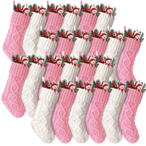 24 Pcs Pink White Christmas Stockings 8.3 Inch Mini Xmas Stockings Bulk Knitt... - Picture 1 of 7
