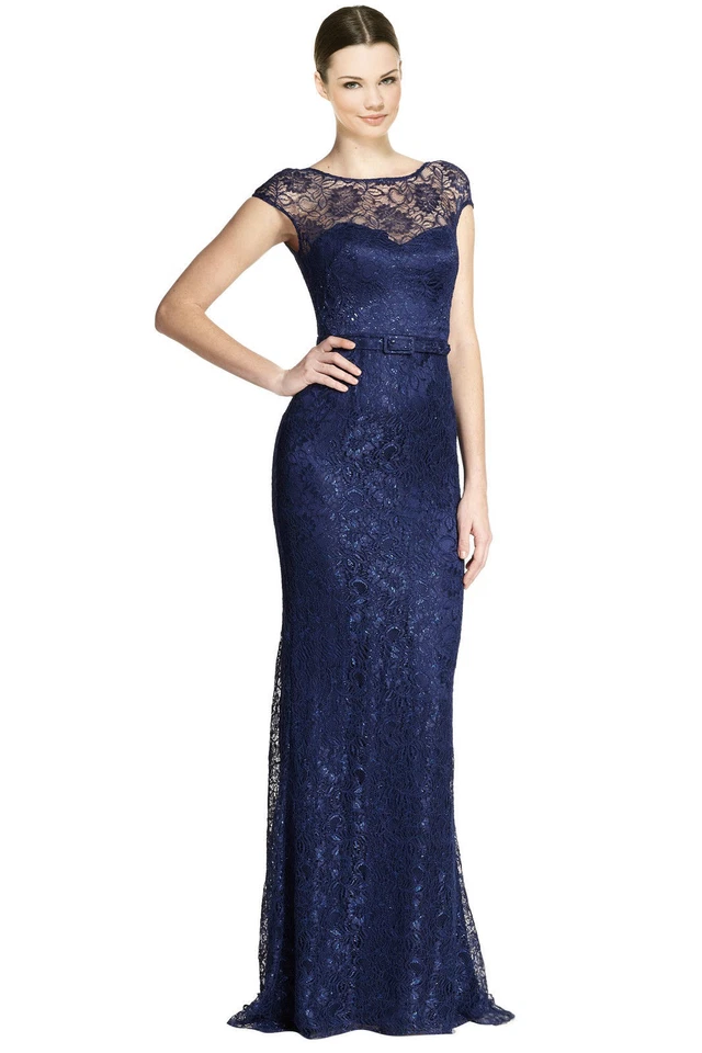 Vestido de noche Theia azul índigo manga gorra cinturón encaje metálico talla 2 nuevo con etiquetas $895 Foto 1 de 1