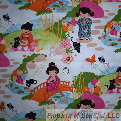 BonEFul FQ Cotton Quilt Alexander Henry White Asian Girl Scenic Cat Fish Flower - Image 1 of 4