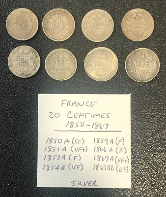 (8)x Francia 20 Veinte Céntimos PLATA Lote Monedas Starter Collection Set 1850-1867 Foto 1 de 3