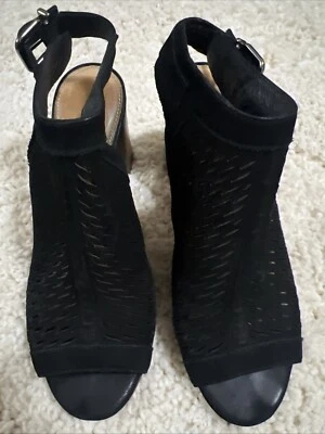 ANTONIO MELANI Black Suede Cut Out Open Toe Ankle Strap Block Heel Sandals 6 1/2 - Image 1 of 4