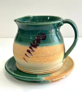 vintage handmade studio pottery PITCHER with PLATE SIGNED - Picture 1 of 13