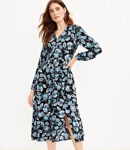 Loft Women's Blue Black Floral Dress Size 2 V Neck Career Evening Out Work - Picture 1 of 14