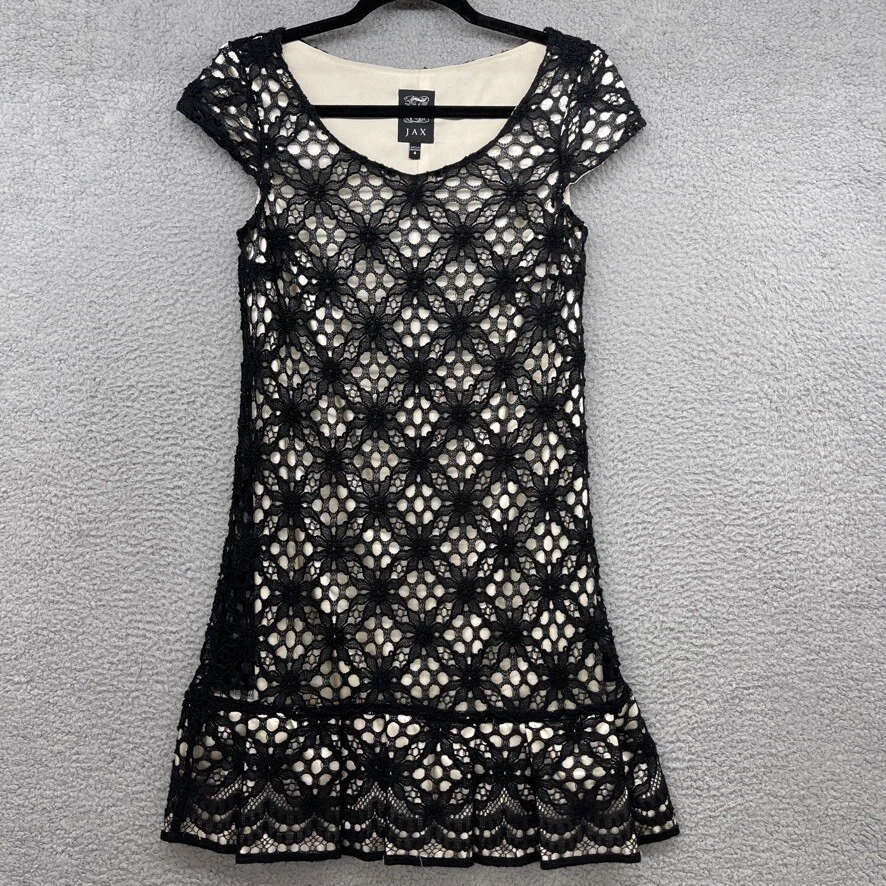 JAX Womens Mini Dress Black Beige Lace Floral Short Cap Sleeve Scoop Neck Size 4 - Image 1 of 4