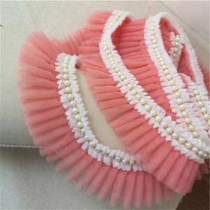 2M Lace Net Ruffle Trim Faux Pearl Beaded Pleated Mesh Ribbon Edge Sewing Decor - Picture 1 of 32