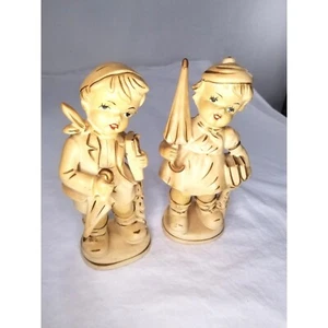 Enesco Figurines Boy Girl Yellow Umbrellas 7.75" Japan Set of 2 Vintage  - Picture 1 of 9