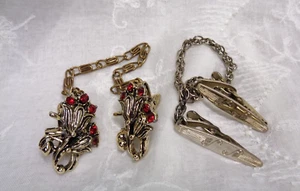 Vtg Estate Jewelry ~ Lot/2 Red Rhinestone Tulip Flower Sweater Chain Clips - Picture 1 of 8