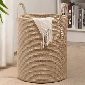 Boho Jute Laundry Hamper Basket, Wicker Laundry Basket with Handles, 16" x 20" - Picture 1 of 6