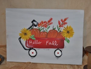 Arte Popular HP Madera Recuperada Primitiva Vagón Rojo ~ Feliz Caída, Calabazas, Flores - Imagen 1 de 4