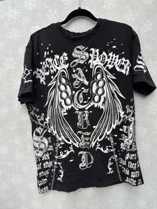 Y2K Raw Blue T Shirt Wings Cross Sacred Sz X-Large Black Front Back Graphic - Picture 1 of 11