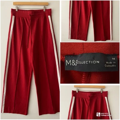 M&S Trousers Sz 14 Jogger Lipstick Red Wide Leg Side Stripe Zip Pockets Women - Image 1 of 4