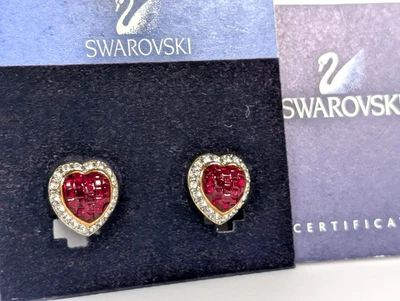 Vintage Swarovski Red Crystal Weave Puffy Heart Clip On Earrings Gold Tone Love - Image 1 of 4