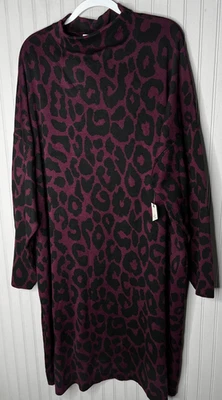 Terra & Sky Sweater Dress Womens 4X Purple Black  Leopard Print Cowl Neck NEW - Image 1 of 4