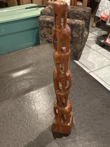 Vintage 6 Elephants Stacked 16" Tower Hand Carved Wood Sculpture Wooden Figurine - Picture 1 of 4