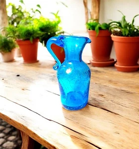 Vintage 1960s Art Glass Blue Crackle Mini Pitcher Hand Blown Applied Handle - Picture 1 of 8