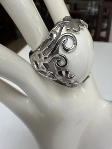 Stainless Steel Scroll White Milk Glass Cabochon Chunky Ring Size 8.5 - Picture 1 of 18