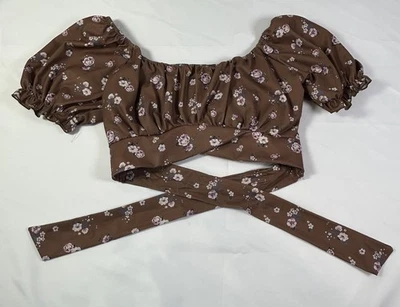 NWT Altar'd State Boho Brown Floral Back Tied Crop Topw/ Short Sleeves Women's L - Image 1 of 4