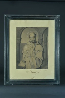 Ancien dessin école d'Ingres portrait de Saint Bernard signé 19 ème  cadre verre - Photo 1/4