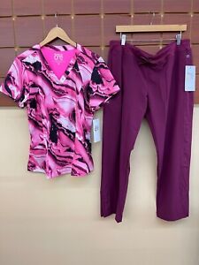 NEW Barco One Wine Print Scrubs Set With XL Top & XL Petite Pants NWT
