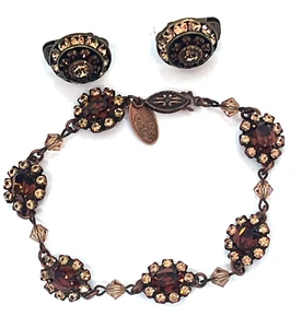 Set LIZ PAIACIOS Garnet Rhinestone Daisy Chain Bracelet Earrings Clip On Vintage - Picture 1 of 6
