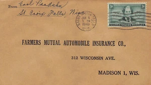 Wisconsin Cover 1949 SAINT CROIX FALLS to Farmers Mutual Auto Ins Madison - Picture 1 of 3