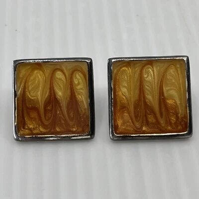 Estate KC Kenneth Cole 3/4” Square Amber Yellow Silver Enamel Pierced Earrings - Image 1 of 4