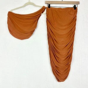 House of Harlow Gonna Midi Increspata a Rete Cropped Top Set 2 Pezzi Taglia XS Marrone Rame - Foto 1 di 9