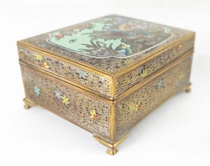 Antique Japanese Meiji Cloisonne Enamel Gilded Bronze Jewelry Box - Picture 1 of 14