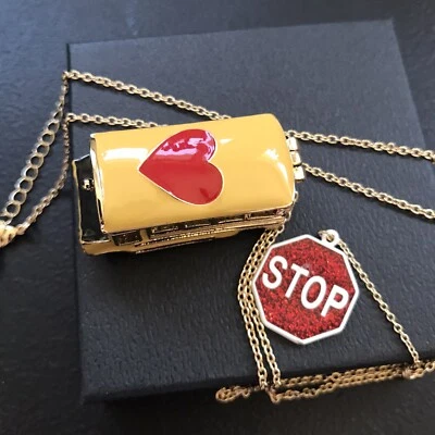 Betsey Johnson necklace Book Smart school bus locket w/ stop sign & heart charms - Image 1 of 4