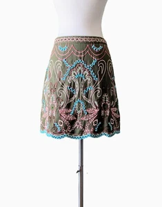 ANTHROPOLOGIE Skirt Green Aqua Peach Embroidered Paisley Mini Festival Boho Sz 0 - Picture 1 of 8