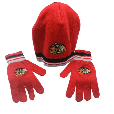 Chicago Blackhawks NHL Youth Boys One Size Fits Most Beanie & Gloves Combo Set Cover