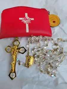 Vintage Crystal Borealis Beaded Rosary Large Goldtone Cross In Pouch - Picture 1 of 7