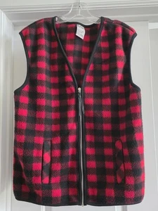 Koret Red & Black Plaid Check Full Zip Vest Fleece Pockets Womens Sz Large - Picture 1 of 7
