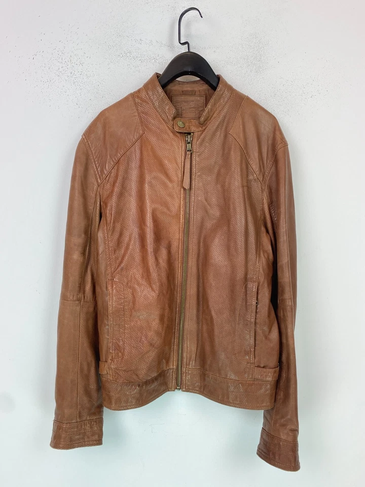 HE By Mango Tan Leather Biker Jacket Zip Front Pockets Moto Style Medium - Image 1 of 4