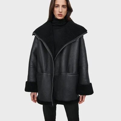 Chaqueta de cuero de piel de oveja real de aviador de piel de oveja negra para mujer B3 Foto 1 de 4