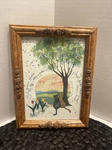 Vintage D. Morgan Druck Panarama Katzen, sieht nur grün aus Aquarell Holz gerahmt 1992 - Bild 1 von 9