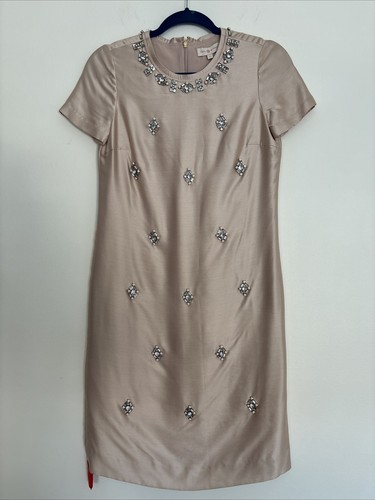 Abito donna Tory Burch blush champagne tubino gioiello seta impreziosito taglia 0 nuovo con etichette
