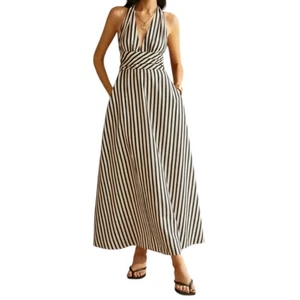 Commense gestreiftes Neckholder Maxikleid schwarz weiß rückenfrei XL Neu mit Etikett - Bild 1 von 4
