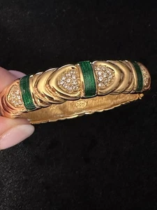 Vintage Joan Rivers goldfarbener Armreif mit Scharnier grün Emaille Strass - Bild 1 von 5
