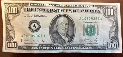 Small Face $100 bill (One Hundred Dollar Bill) - Series 1981 - Image 1 of 2