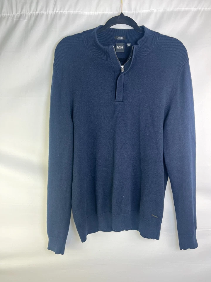 Suéter Hugo Boss 1/4 Cremallera Para Hombre Azul Marino Algodón Lana Pullover Cuello Acanalado Ajuste L Foto 1 de 4